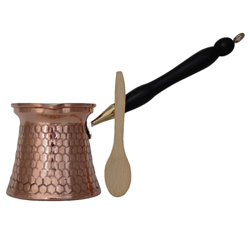 YDB Copper-KCP Series-Large (15.2floz)-Turkish Greek Arabic Coffee Pot with Wood Handle/Thickest Solid Engraved/Hammered Copper Cezve,Jezve,Jazva,Ibrik,Briki,Coffee Maker for stovetop (Copper)