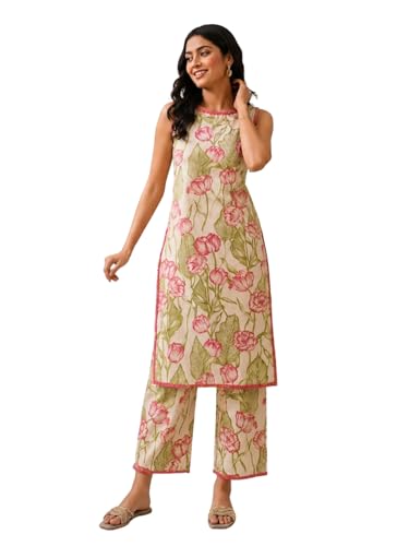 Image of Leriya Fashion Women's Summer Printed Kurta Pant Set | Sleeveless Lightweight Kurti with Palazzo Pants | Kurti Set for Woman | Casual, Office, Vacation & Everyday Outfit | Ethnic Kurta Sets for Woman