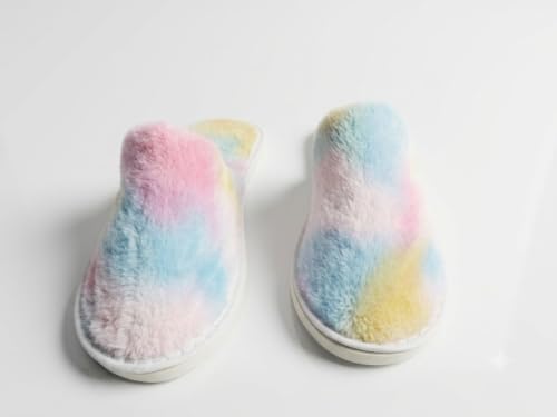 Image of LUXORIA & CO. Faux Fur House Slippers for Men & Women | Ultra Soft Plush Bedroom Indoor Slippers | Anti-Slip Lightweight Cozy Home Footwear | Rainbow Tie Dye