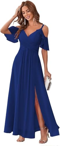 Women's Cold Shoulder Chiffon Bridesmaid Dresses Long with Slit Ruffles Formal Prom Dresses with Pockets HO050