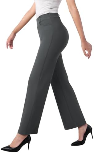 Glacspyg Damen Hohe Taille Straight Freizeithosen Elastische Business Arbeitshosen Elegante Stretch Weite Hosen mit Taschen