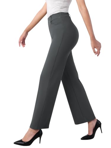 Glacspyg Damen Hohe Taille Straight Freizeithosen Elastische Business Arbeitshosen Elegante Stretch Weite Hosen mit Taschen Dunkelgrau S