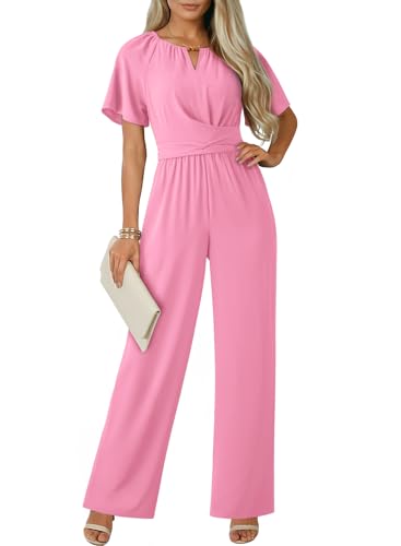 Dokotoo Jumpsuits for Women Dressy 2026 Fashion One Piece Wide Leg Formal Jumpsuits Rompers for Women Casual Crew Neck Short Sleeve Loose Pants Overalls(Pink Large)