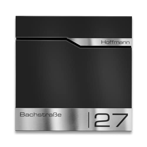 Metzler moderna cassetta postale con portagiornale RAL9005 nera profonda personalizzata con targhetta in acciaio inossidabile V2A, cassetta postale da parete con portagiornale, Siebert