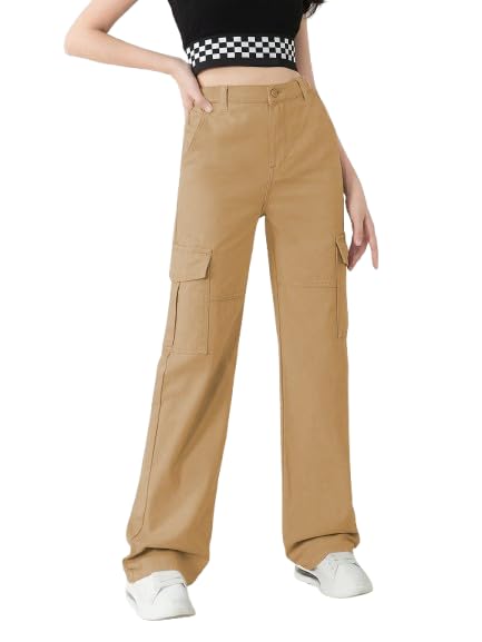 KATECLO High-Waist Baggy Cargo Cotton Pants for Women | Stylish C...
