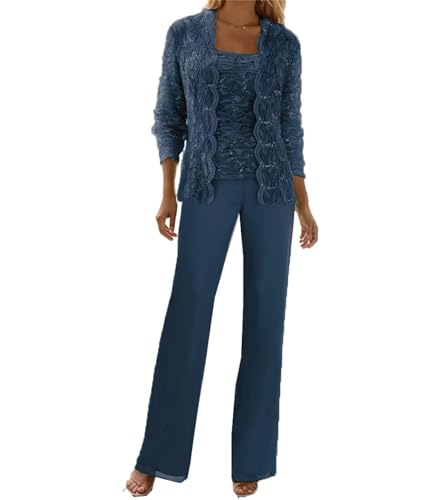 Teal Blue Grandmother of The Bride Pant Suits Petite 3 Pieces Mother of The Bride Suits Lace Chiffon Formal Party Gown Size 8