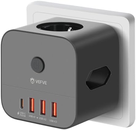 VEFVE Steckdosenwürfel ohne Kabel, Mehrfachstecker mit 20W USB-C - Schwarz | Steckdosenadapter für DE/NL/ES. Sichere Mehrfachsteckdose (3680W) mit 3 Steckdosen, 4 USB, Kindersicher
