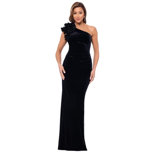 Xscape Women's Long One-Shoulder Velvet Dress with Ruffle Shoulder and Center Back Zipper, Black, 10