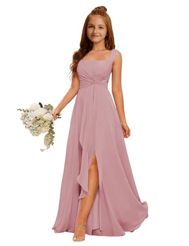 MRHUSH Dusty Rose Junior Bridesmaid Dresses for Girls - Chiffon Wedding Guest & Prom Dress, Long Formal Gown for Teens Size 7