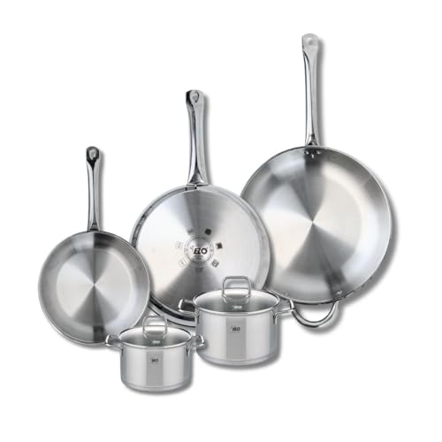 ELO 9511750 - Set di 3 padelle da cucina, 24, 28 e 32 cm e 2 pentole, 14 e 16 cm, Elo Profi Citrin, acciaio inox, induzione