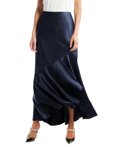 Jupe en satin de soie plissée pour femme : coupe longue fluide à volants et fente latérale