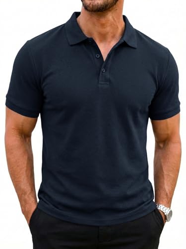 Runcati Herren Poloshirt Kurzarm Sommer Tennis T-Shirt Männer Einfarbig Golf Sport Poloshirts Basic Regular Fit Polohemd Dunkelblau L