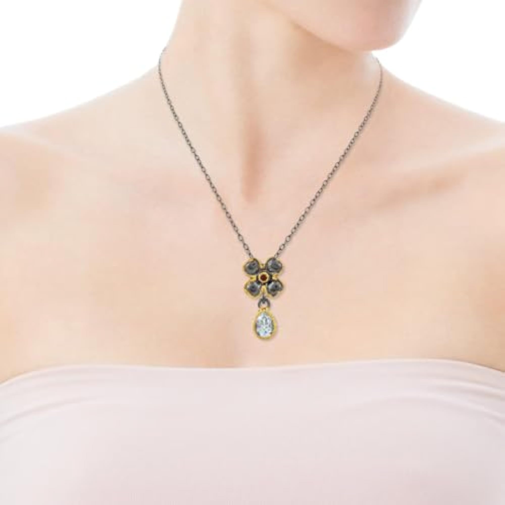 Women's Blue Topaz & Garnet Flower Pendant Necklace