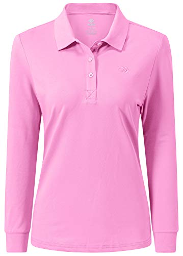 AjezMax Damen Poloshirt Lang Baumwolle Polo Arbeit Polohemd Sport Klassisch Wintershirts Knopf Large Rosa