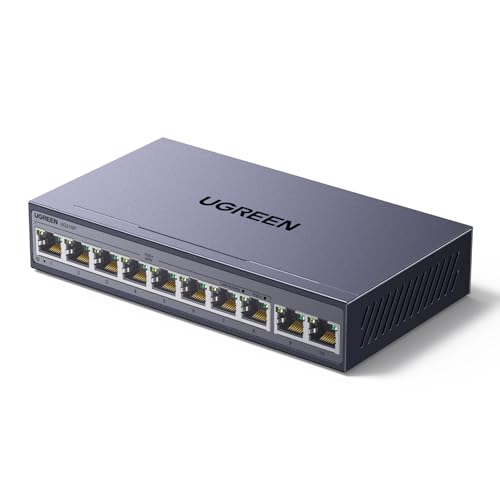 UGREEN 10 Port Gigabit PoE LAN Switch mit 8 PoE-Switches + 2 Gigabit-Uplink-Ports 60W Gesamt-Netzwerk-Switch ideal für NVRs IP-Kameras unbeaufsichtigte Metallgehäuse (8PoE+2)