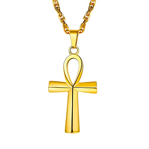 PROSTEEL Egyptian Jewelry Eye Protection Necklace for Men, Stainless Steel Ankh Cross Necklace, Ancient Symbol of Amulet, Come with Box 03 gold-minimalist Ankh