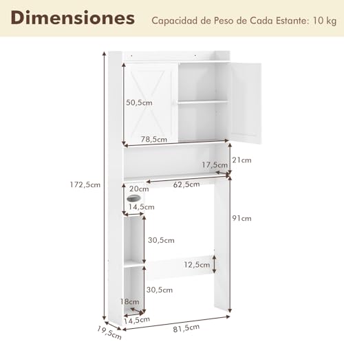 COSTWAY Armario de Almacenamiento sobre Inodoro, Estantería Organizadora con Doble Puerta, Portarrollos de Papel Higiénico y Estante Ajustable, Mueble Independiente para Baño Lavadero (Blanco) - imagen 3