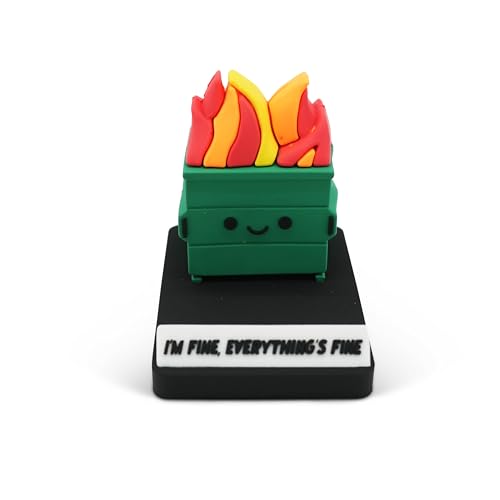 A literal dumpster fire phone stand — tiny, sculpted chaos that sits on your desk and perfectly summarizes every workday.