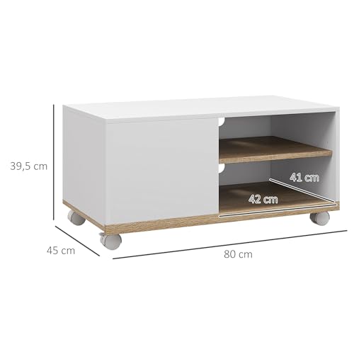 HOMCOM Mueble TV de Salón Moderno con Ruedas Mesa para Televisores de 42 Pulgadas Módulo TV con 1 Puerta y 2 Estantes de Almacenamiento 80x45x41 cm Blanco - imagen 3