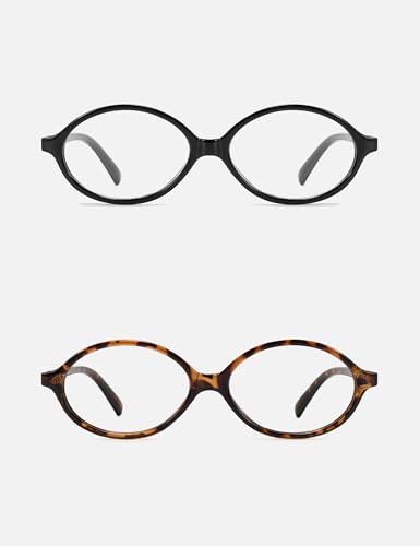 Image of Slocyclub 2 pack Fashion Oval Glasses for Women Men Vintage Oval Small Frame Eyeglasses Retro Blue Light Blocking Glasses, Black and Whiskey Tortoise