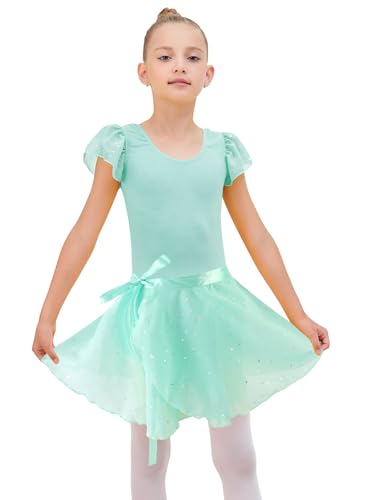 Image of EQSJIU Ballet Leotards for Girls with Removable Skirt Combo Tie Ruffle Sleeve Ballet Dance Dress Outfit 2-12 Years
