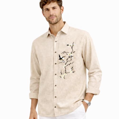 Image of Men's Premium Linen Embroidered Shirt - Casual Designer Floral Bird Embroidery Shirt for Men | Breathable Lightweight Summer Casual Party & Vacation Wear