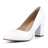 IDIFU White Pumps for Women Closed Toe Heels High Block Chunky Heels Work Office Heels Pointed Toe Dress Shoes for Bridal Wedding(White Pu 8.5)