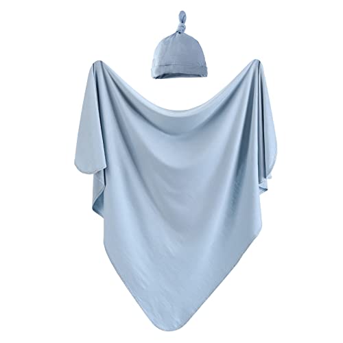 Image of iEvolve Cotton Knitted Baby Swaddle Blanket with Hat Headband Set Newborn Swaddle Wrap Receiving Blankets for Baby Girl Boy 35" x 35"(Lightblue)