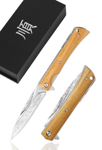 YOUSUNLONG Cuchillo plegable - Acero de Damasco Martillado de 73 capas - Hoja total de 215mm de Acero Damasco para Cuchillo de Bolsillo de Camping - Mango de madera de olivo natural