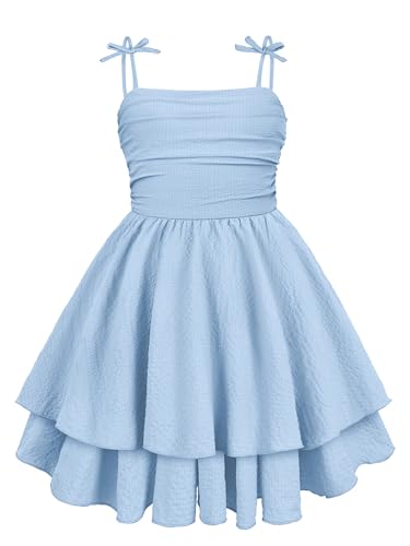 Cubear Girls Summer Dress with Bow Straps & Tie Back Layered Flowy Sundresses for 8-16 Years Blue