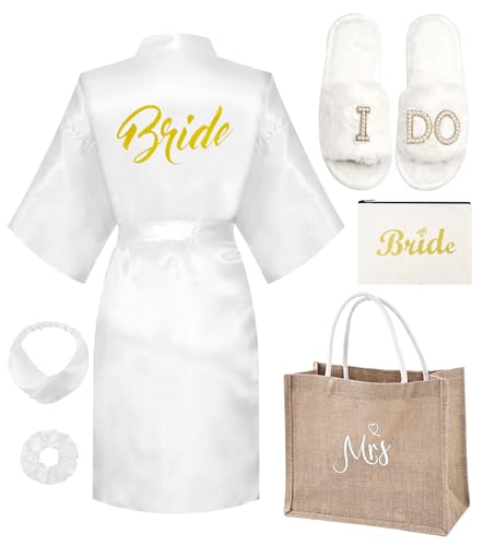 6 Pcs Bride Robe for Wedding Day Set Satin Bride Robe and Slippers Set for Bachelorette Party Bridal Shower Gifts