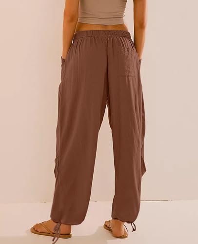 Image of Women's Linen Balloon Barrel Beach Pants Boho Harem Flowy Drawstring Casual Loose Pants with Pockets