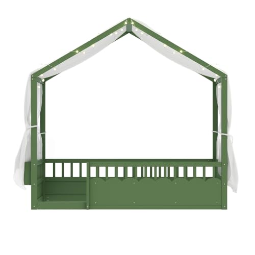 Image of Bellemave Twin House BedFrame with Canopy, Montessori House Bed with LED and Bookshelf and Rails for Kids, Green