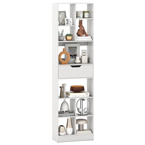 GIANTEX Bookcase with Drawer, 71” Tall Freestanding Storage Organizer with 10 Cubes, Multifunctional Open Bookshelf Display Rack with Anti-Tipping Kits for Living Room Home Office, White