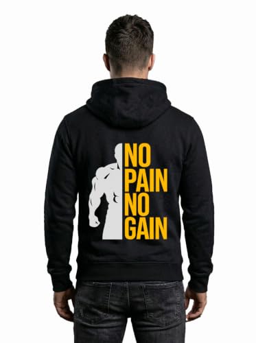 Image of Mens Full Sleeve Graphic Printed Hooded Sweatshirt | No Pain No Gain Print Winter Hoodies for Men | Gym Hoodie Men's