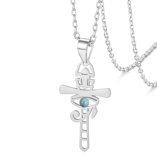 VASSAGO Ankh - Collar de acero inoxidable con colgante de ojo de Horus y escarabajo, joyería egipcia antigua, regalo para mujeres y hombres, Adjustable, Acero inoxidable, No es una piedra preciosa
