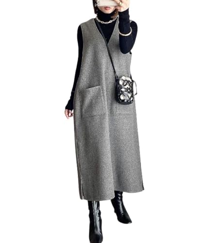 chouyatou Women's V Neck Wool Blend Long Vest Jacket Sleeveless Maxi Wool Vest Dress with Pockets