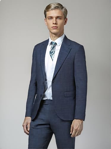 Men's Windowpane Check Suit, Navy Blue, 2-Piece Slim Fit, Two-Button Blazer with Matching Pants2