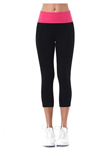 MOPAS Yoga Capri with Fold Over Solid Waistband Pink S