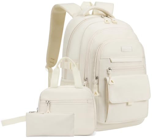 Image of Girls School Backpack Set with Lunch Box, Teens Bookbag for Highschool Elementary Middle School Cute Back Pack, Beige-3 packs