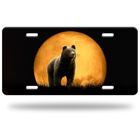 Bear Moon License Plate Bear Walking License Plate Funny Personalized Car Decoration Stainless Steel Car Front License Plate Decor Vanity Tag 4 Holes 6 X 12 Inch for Car SUV Truck Cover