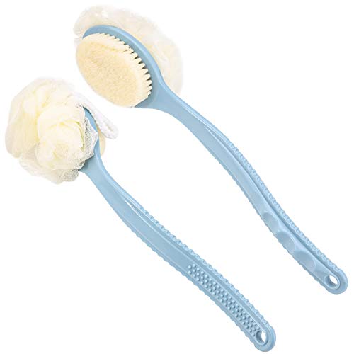 2 Pcs Shower Loofah for Back Bath Body Scrubber Brush for Women and Men, Bristles and Sponges Ball, Long Handle, Blue