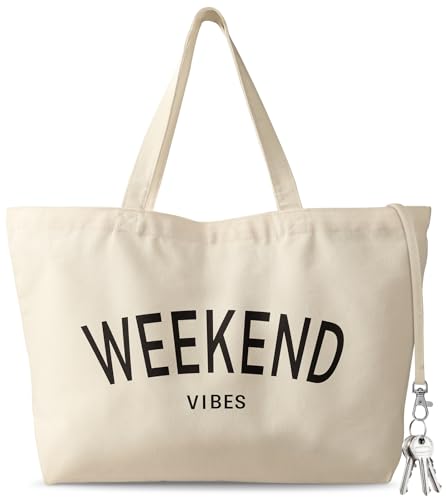 Miss Adola Large Tote Bag for Women - Aesthetic Cute Big Canvas Bags with Zipper Cotton Reusable Shoulder Bag with Hook Graphic for Travel, Work, Shopping, Gym, End of Week