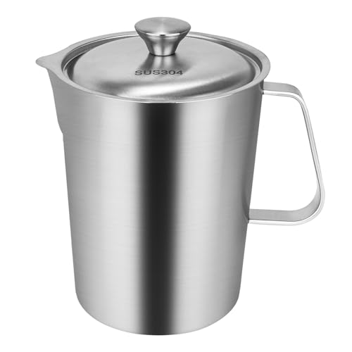 Consfly Stainless Steel Measuring Cup with Lid 2L 70 OZ, Large Mouth Graduated Beakers Metal Pitcher with Marking and Handle