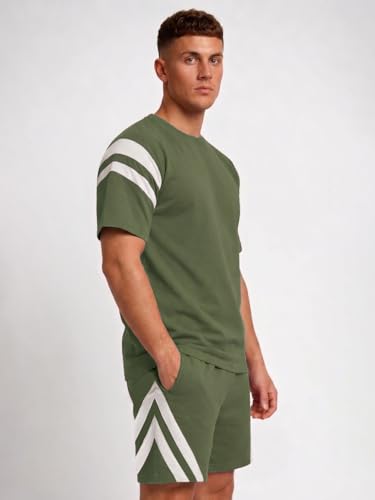 Image of CHKOKKO Men's Co-Ord Set Premium Cotton Blend Oversized T-Shirt & Shorts Cord Set with Side Pockets Round Neck Half Sleeves Solid with Contrasting Stripes Summer or Casual Wear