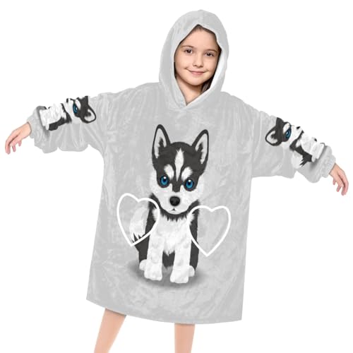 Wearable Blanket Hoodie for Kids, Cute Husky Fleece Sweatshirt Blanket Oversized Blanket Sweatshirt with Pocket Flannel Warm Hooded Blanket 6-10 Year Old Girl Boy Gift, One Size