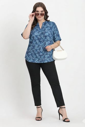 Image of SINDOORI Relaxed Fit Tops for Women Plus Size Solid Printed Mandarin Collar, Band Collar, V-Neck Top, Half Sleeve Loose Fit