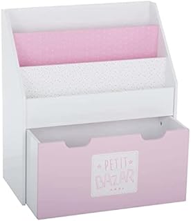 Pink bookcase with storage bin on wheels