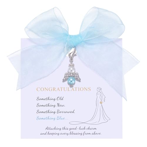 Image of MIXJOY Something Blue Gift for Bride, Wedding Day Bridal Blue Pearl Angel Wings Bouquet Garter Charm for Bride to Be