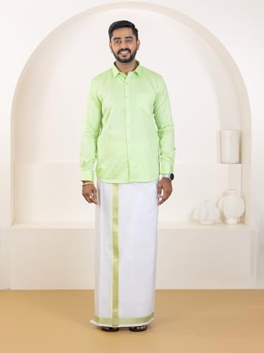 Image of RAMRAJ COTTON Men Premium Cotton Full Sleeves Shirt and Fancy Border Dhoti Set Luxe Set